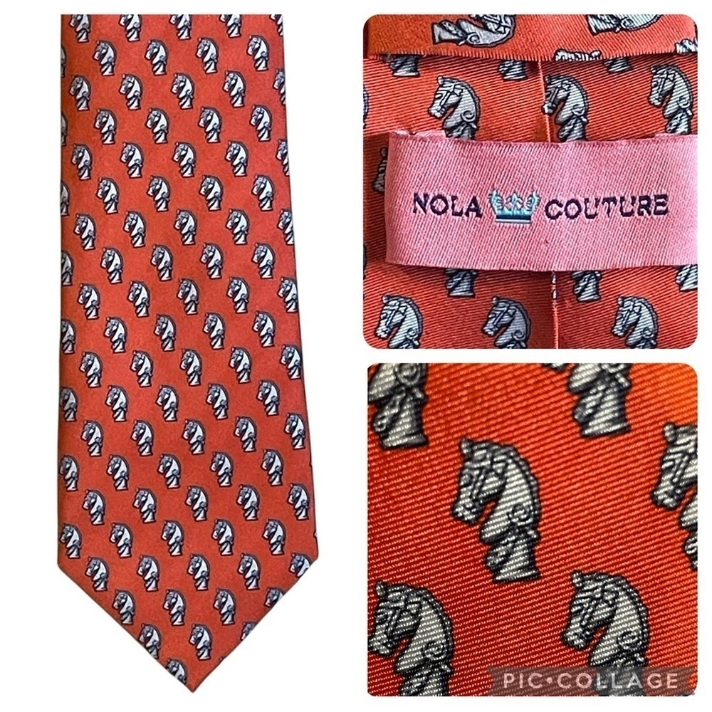 NOLA Couture Knights Chess Piece Orange Whimsical Preppy Chess Club Silk Tie